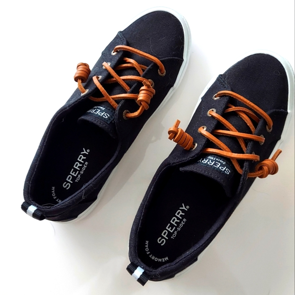 NWOT Sperry Black Shoes, Suede Lace, Memory Foam Sole, Slip On Boating Shoes